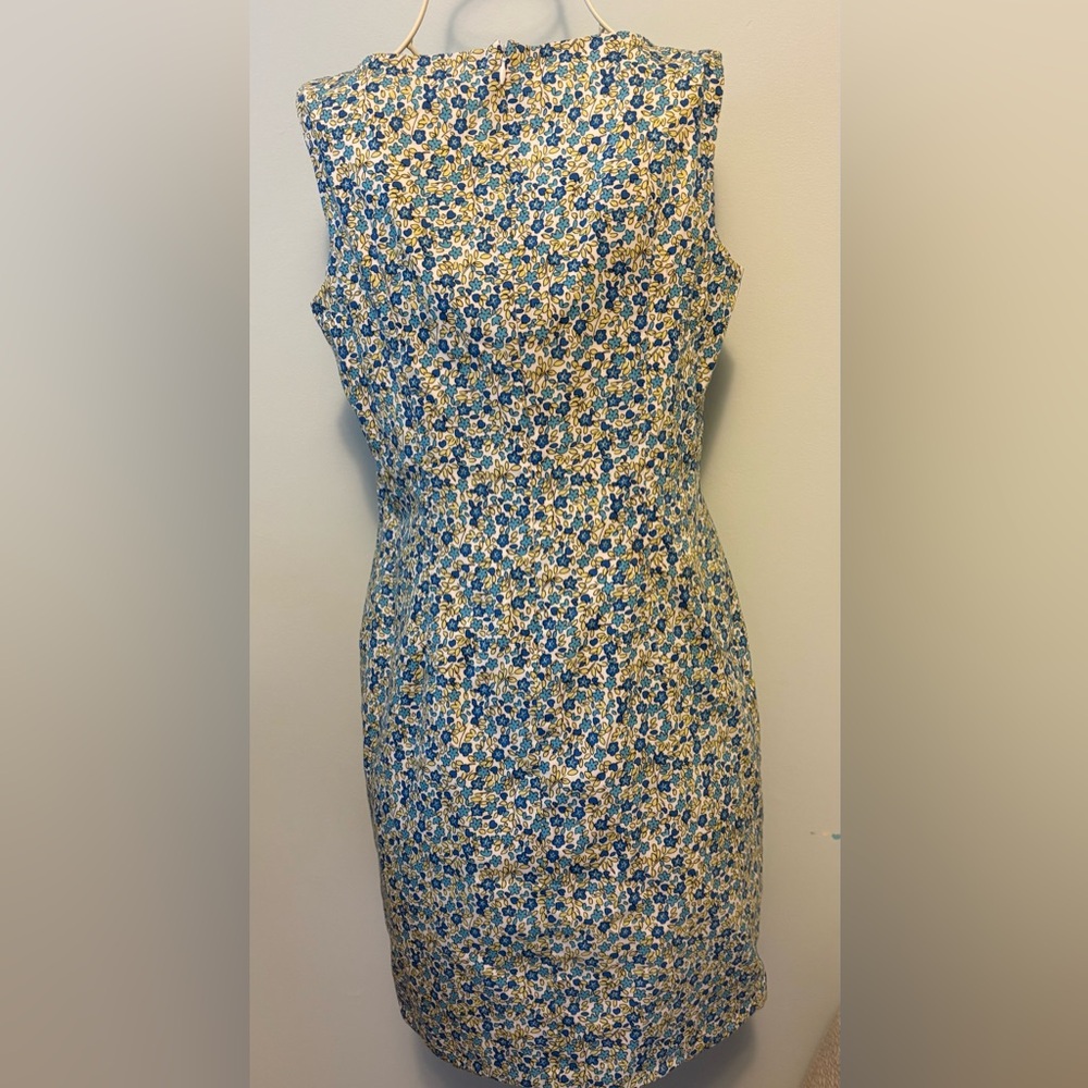 Petite Sophisticate women's vintage floral blue/green lined sheath dress, size 4